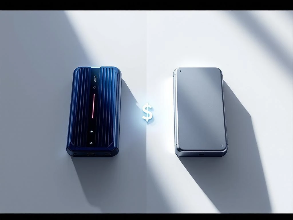 Two battery packs side by side: premium blue custom module with cooling fins versus basic gray standard pack with price comparison symbol