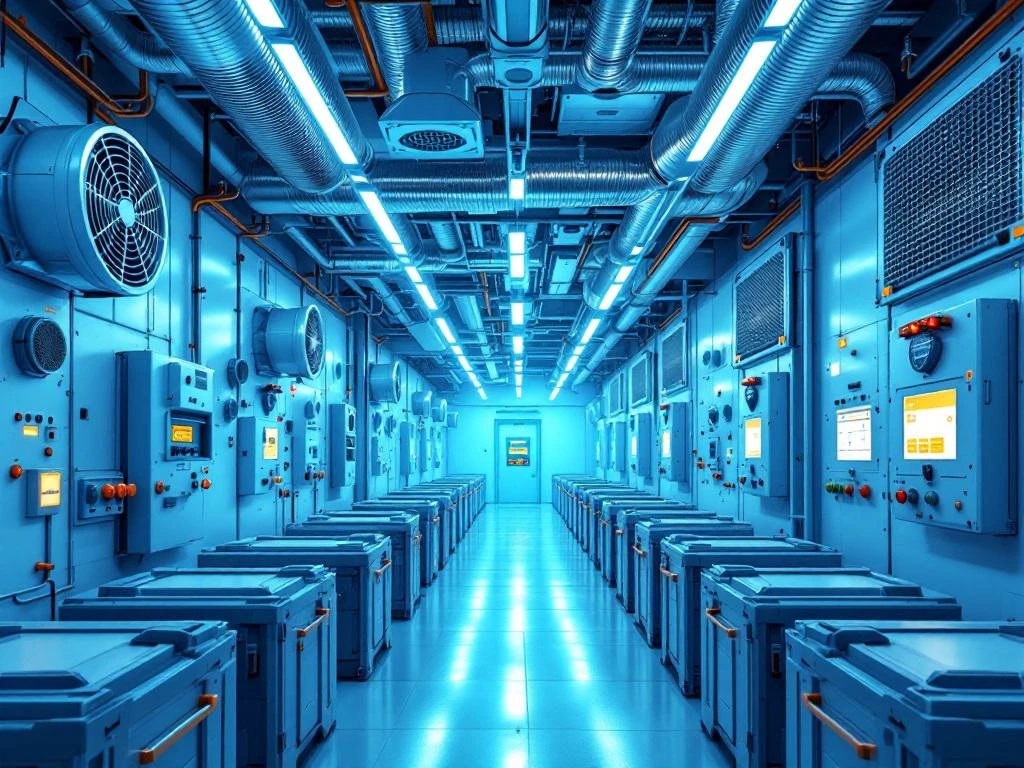 Industrial battery room with ventilation systems, exhaust fans, air ducts, monitoring sensors, and modular battery units