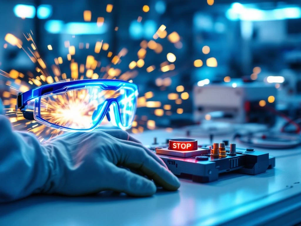 Battery safety workstation with protective goggles, insulated gloves, emergency stop button, and fire suppression equipment.