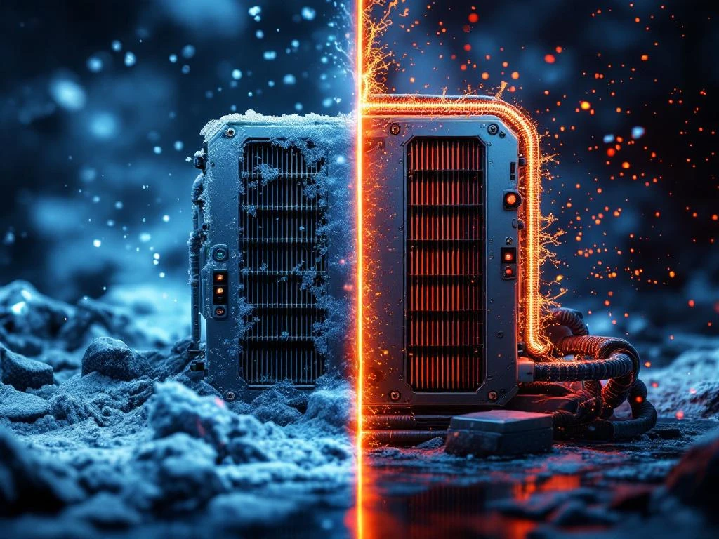Battery pack system split-scene showing thermal management in extreme cold with ice crystals and heat with glowing distortion effects.