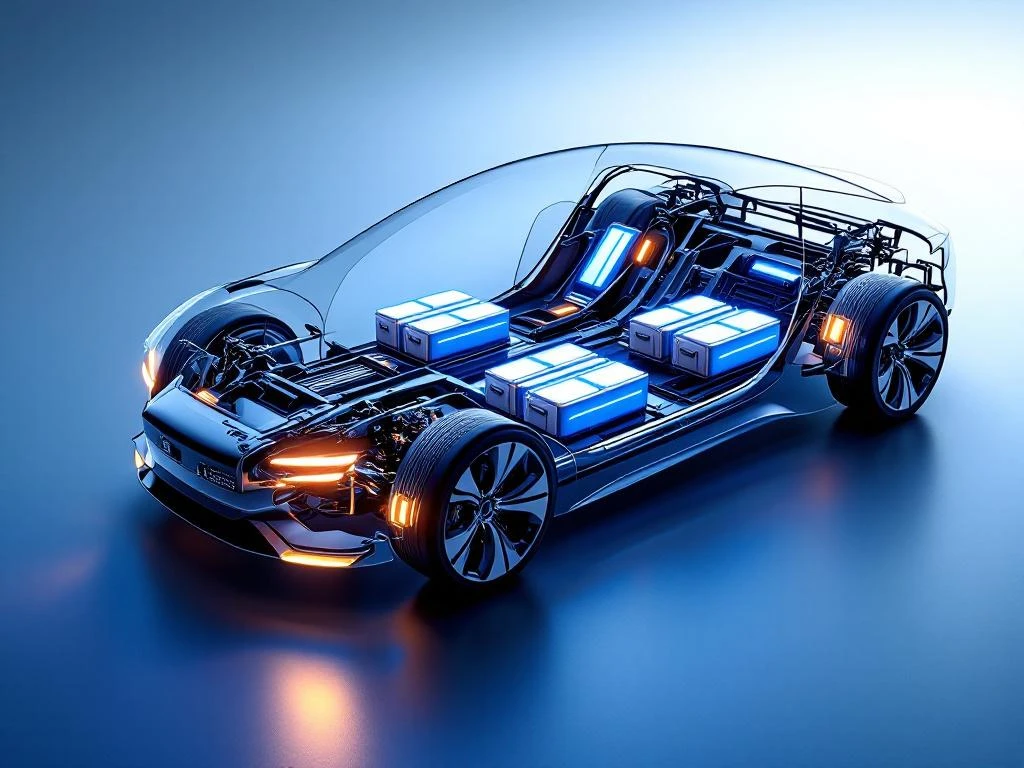 Electric vehicle chassis cutaway showing six glowing blue battery modules distributed throughout metallic frame structure
