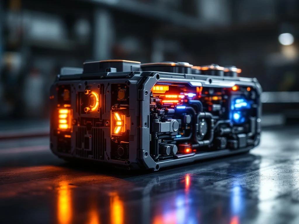 Hybrid battery module with orange and blue safety indicators, thermal sensors, and protective circuitry on industrial surface