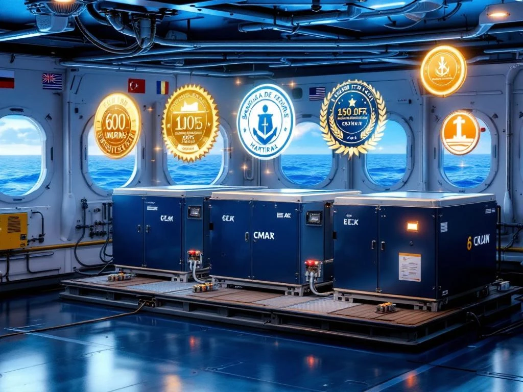 Maritime battery system with modular units on ship deck displaying six holographic certification badges for marine compliance