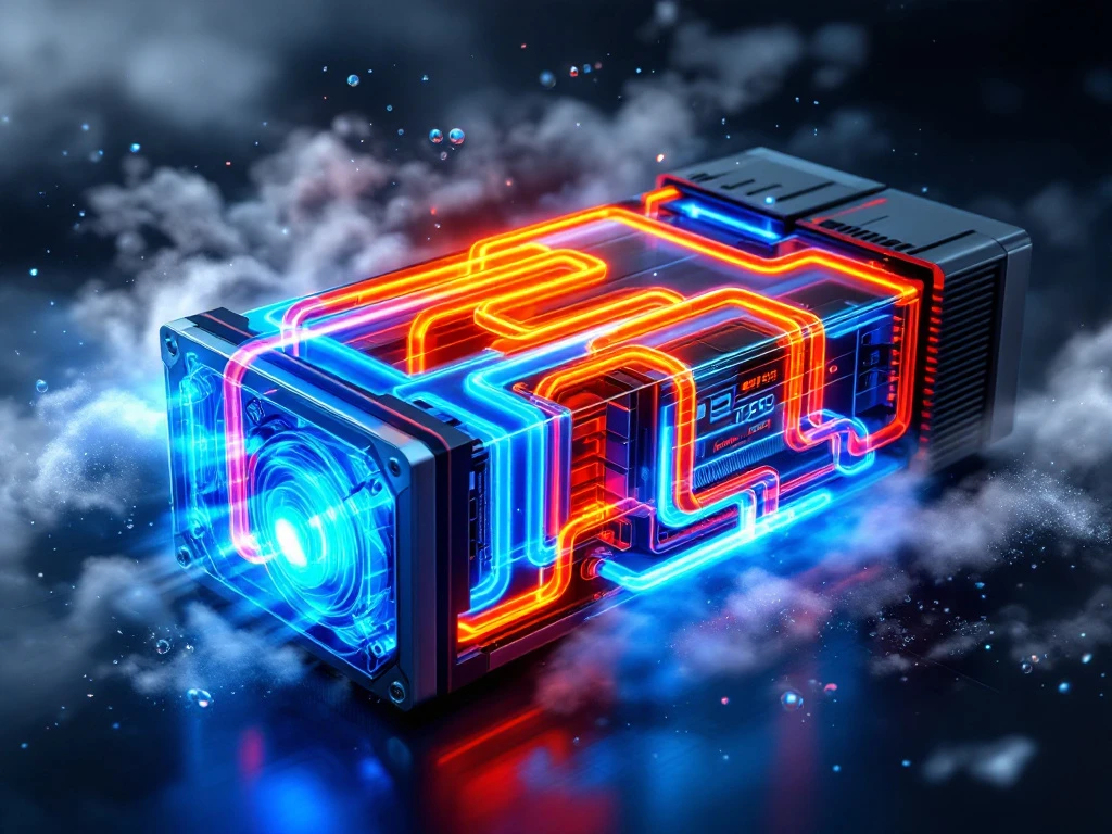 Cross-section of high-tech battery pack with blue liquid cooling system, copper pipes, and thermal management components.