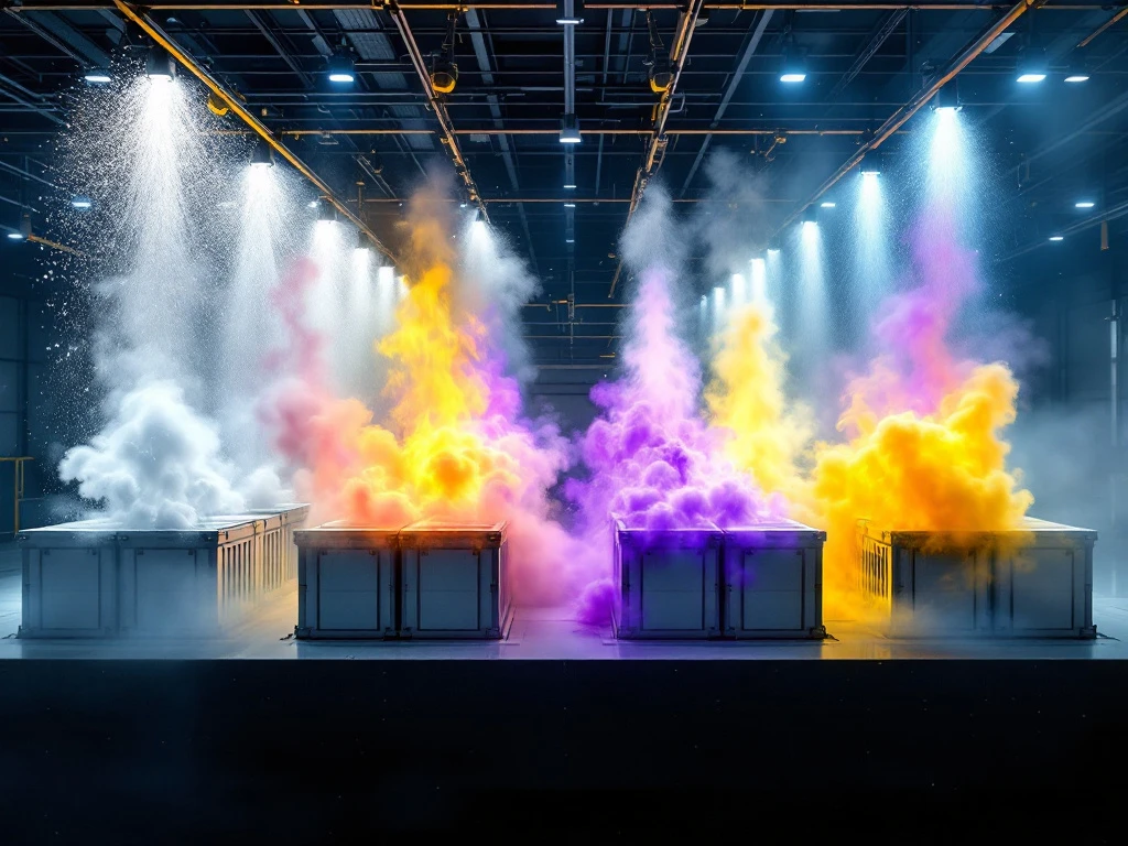 Modern battery facility cross-section showing multiple fire suppression systems with water mist, CO2, foam, and aerosol discharge.