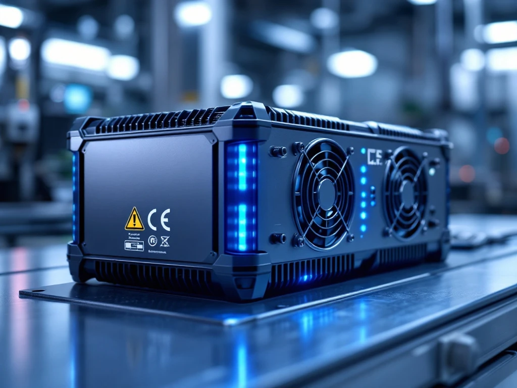 Air-cooled battery module with cooling fins and LED lighting on industrial workbench in high-tech laboratory setting.