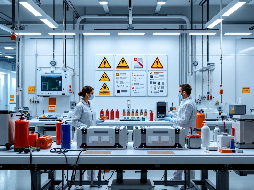 Industrial battery manufacturing training facility with lithium battery packs, safety equipment, and protective gear on workbenches.