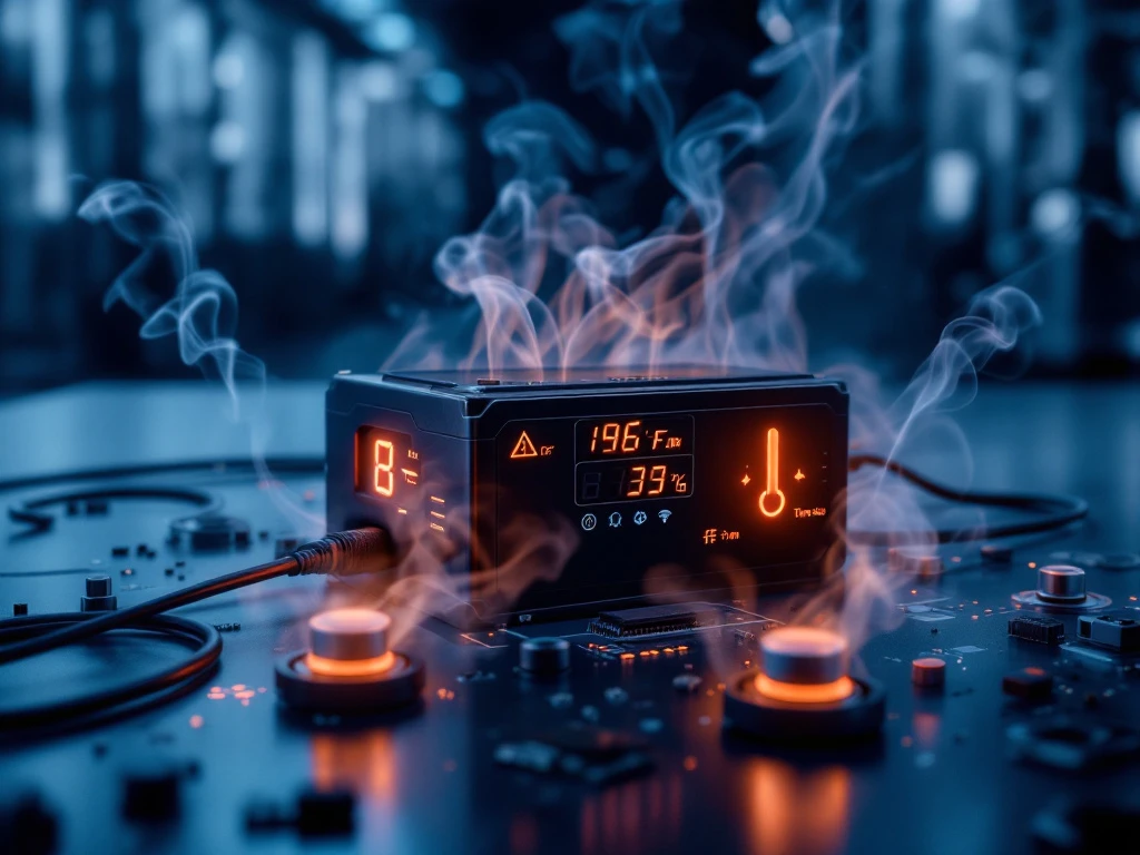 Modern lithium battery pack with safety warning indicators, charging cable, temperature gauge, and protective circuitry components.