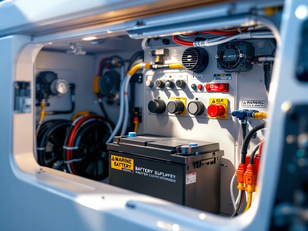 Marine battery compartment with waterproof terminals, ventilation fans, safety switches, and protective equipment in boat interior