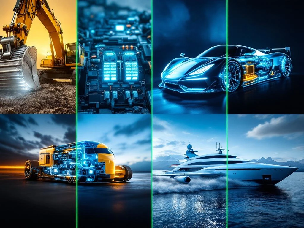 Split-screen showing custom EV batteries in construction excavator, Formula race car, electric aircraft, and luxury yacht