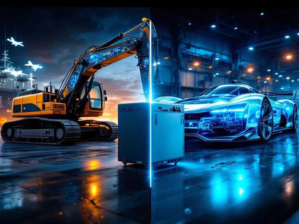 Custom EV battery systems displayed in split-screen: electric construction excavator with glowing blue battery packs and racing vehicle with transparent lightweight battery modules