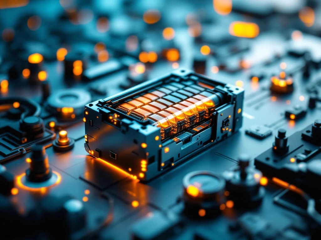 Custom EV battery module with exposed cells, thermal sensors, and amber safety indicators under dramatic studio lighting