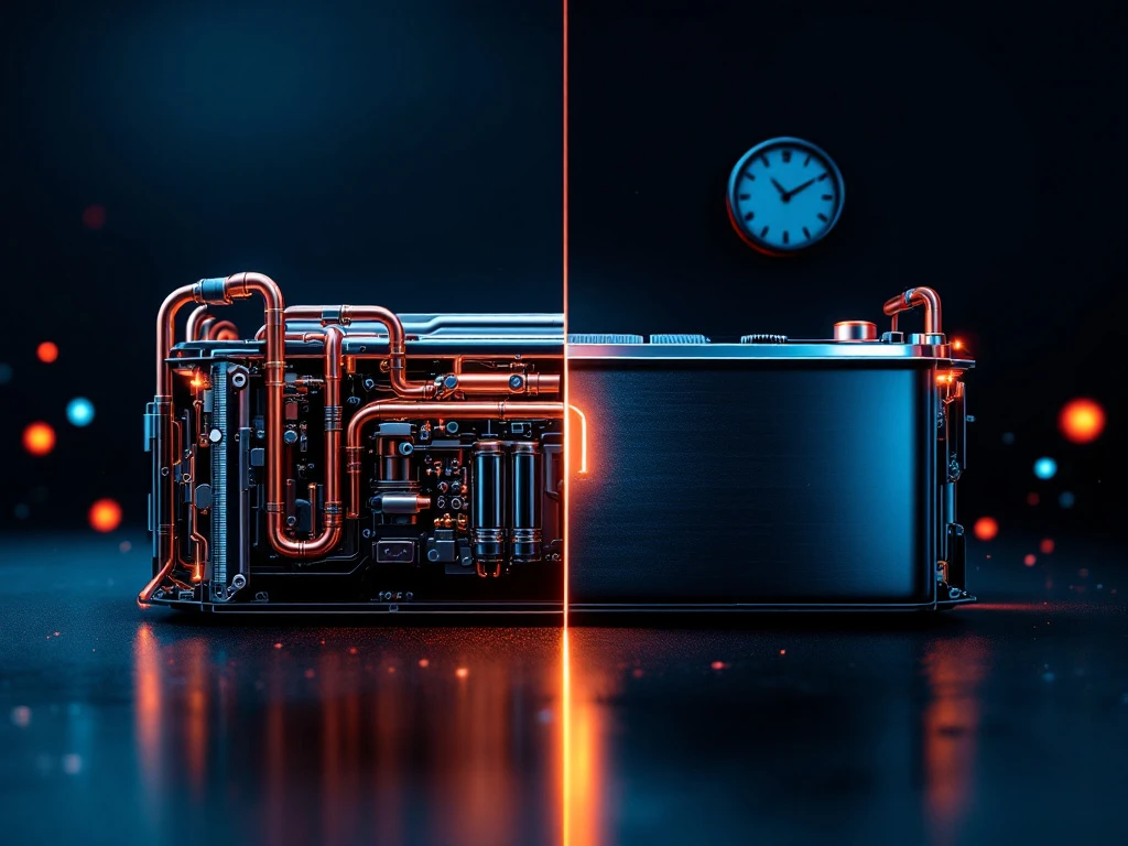 Custom EV battery pack with exposed modular cells and cooling pipes compared to standard battery in split-screen view