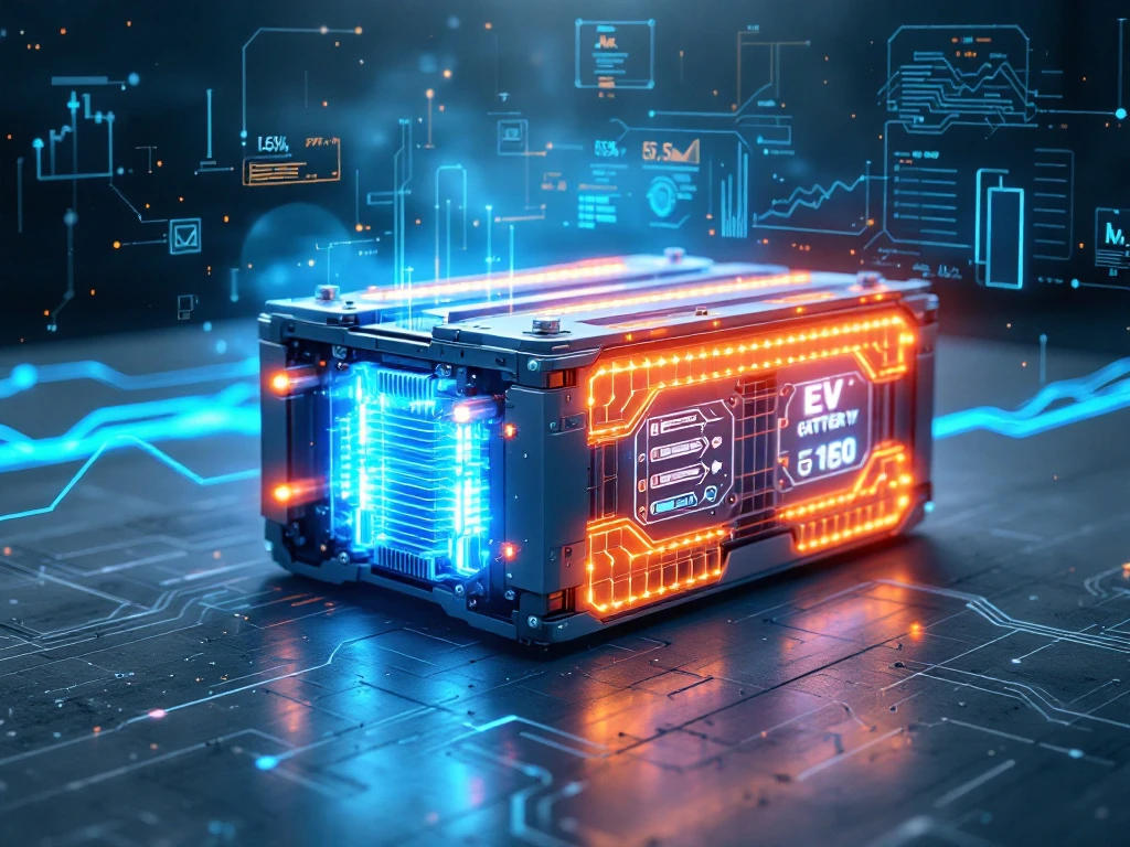 High-performance custom EV battery pack with modular cells, blue energy flows, orange thermal management, and floating tech data