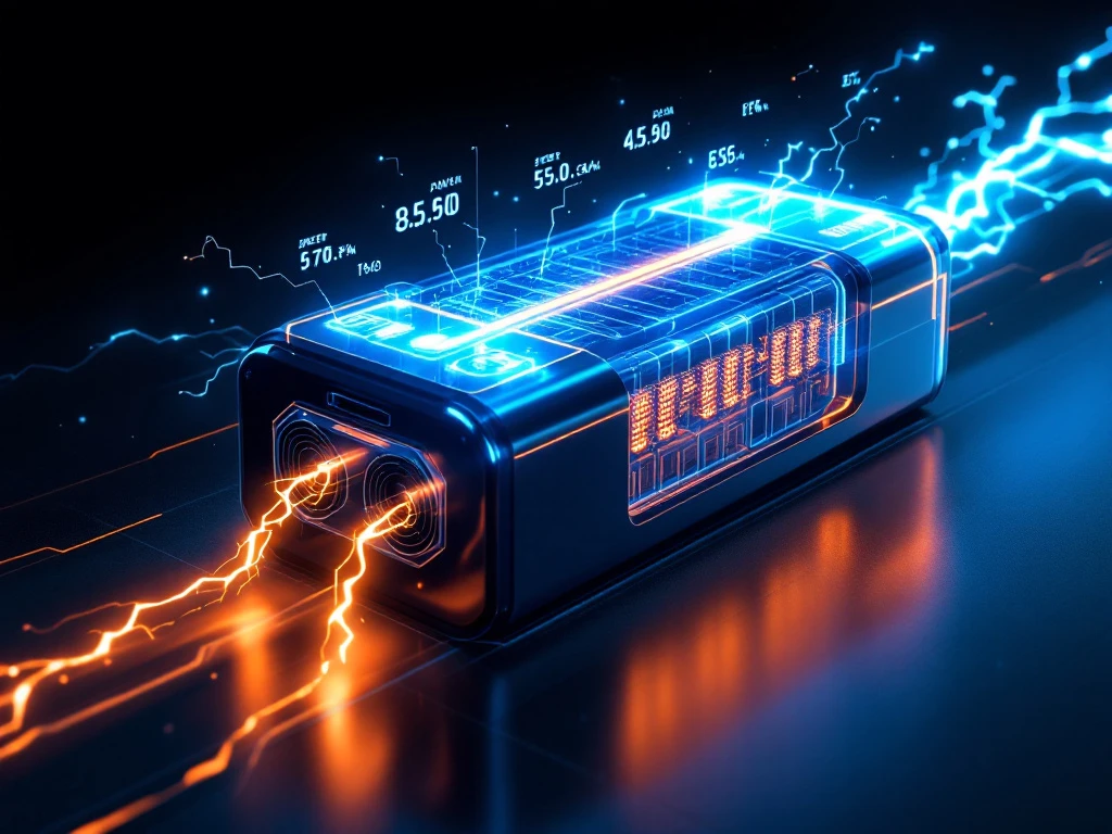 Electric vehicle battery pack with glowing blue and orange energy streams, lightning bolts, and cooling channels on dark background.