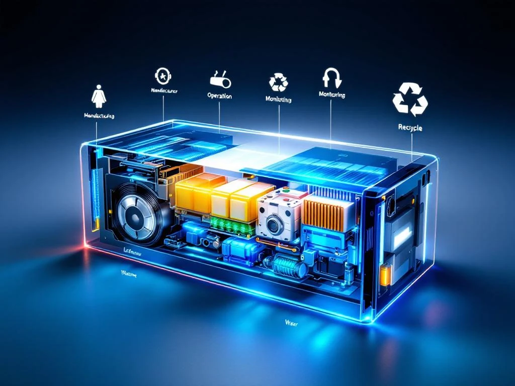 Electric vehicle battery pack cross-section showing internal cells, cooling systems, and lifecycle stages from new to recycling