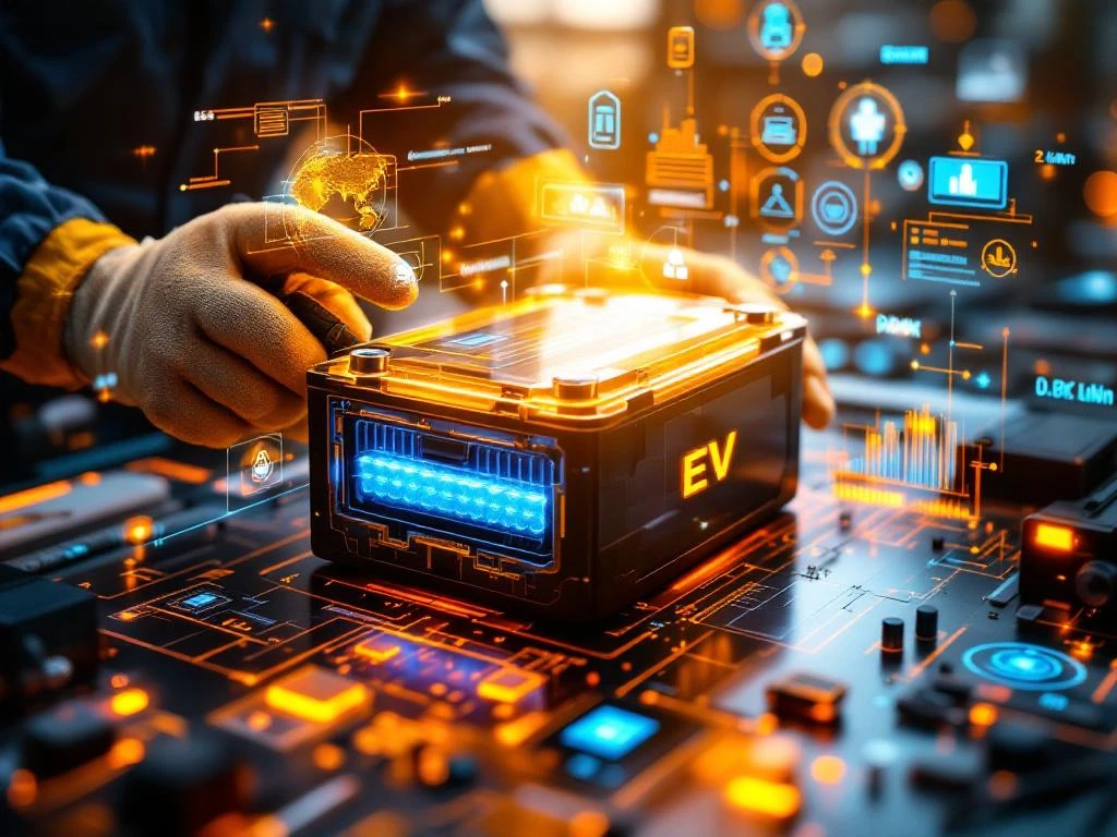 EV battery pack cross-section with glowing blue cells, technician hands with diagnostic tools, holographic technical diagrams