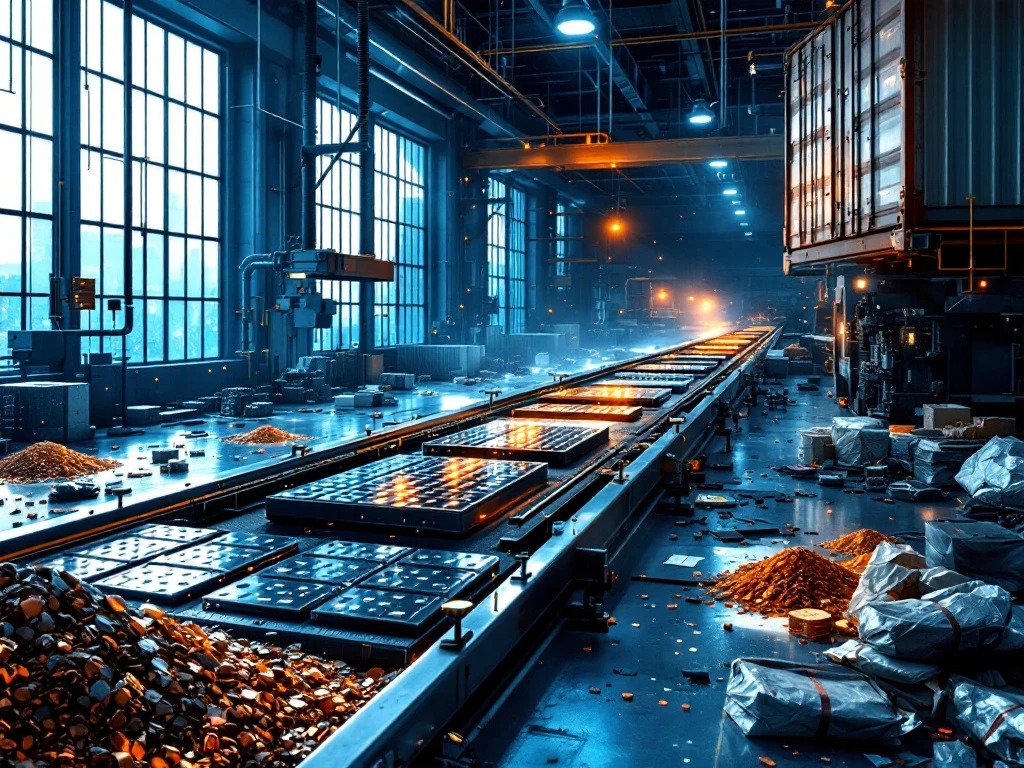 EV battery manufacturing facility with stalled conveyor belt, empty shipping containers, and scattered raw materials showing supply chain delays.