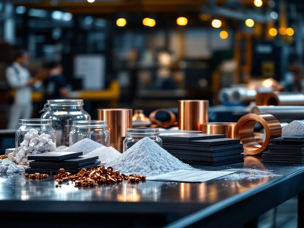 Raw lithium ore crystals, cobalt powder, graphite sheets and copper foil arranged on industrial workbench for EV battery manufacturing