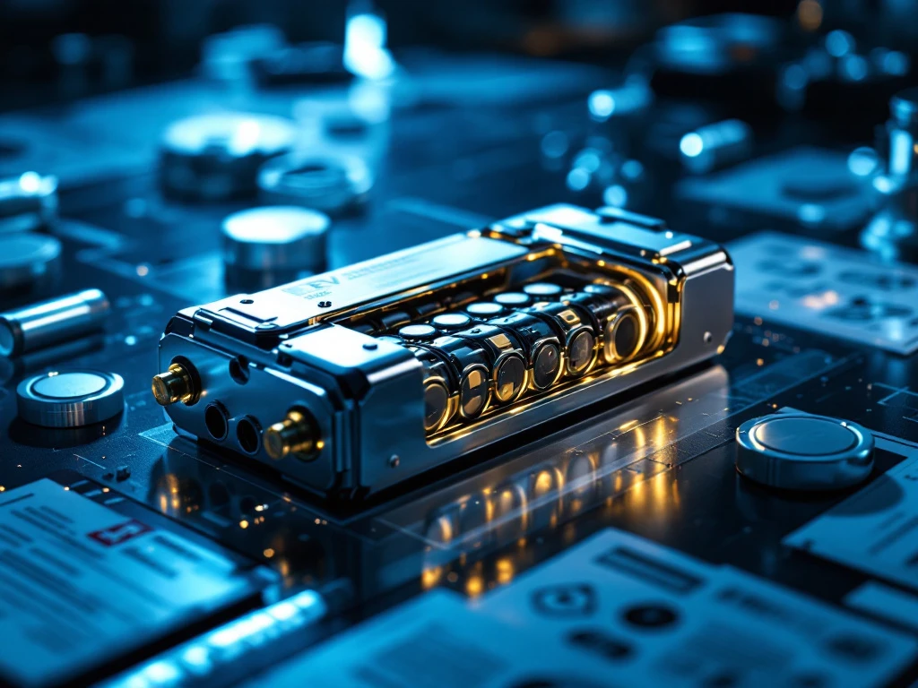 EV battery module with lithium cells on laboratory surface surrounded by certification documents and testing equipment