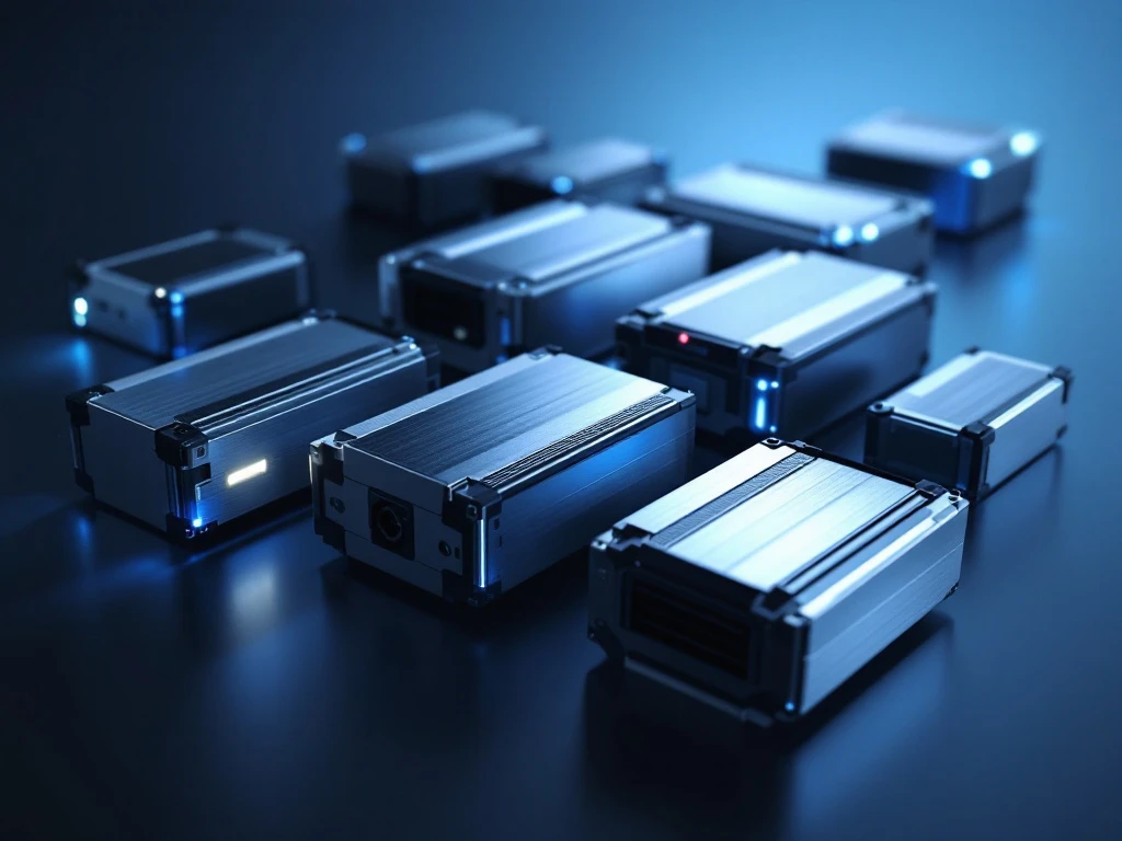 Modular EV battery packs with metallic housings arranged at various angles, showing connection points and blue accent lighting.