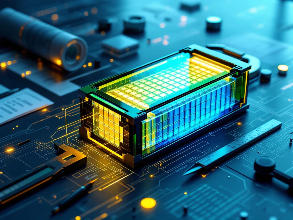EV battery pack cross-section showing prismatic cells with engineering blueprints, calipers, and glowing circuit patterns
