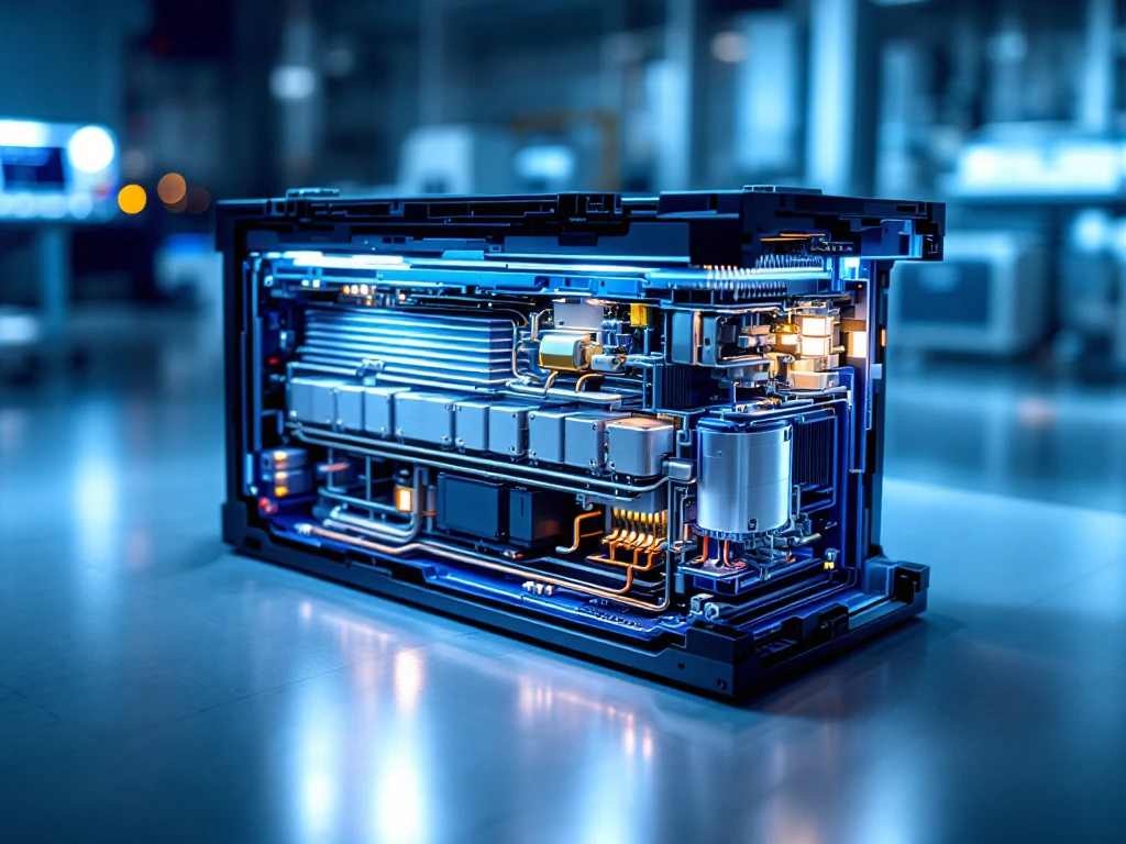 EV battery pack cross-section showing internal cell modules, cooling systems, and safety components with blue-silver engineering design.