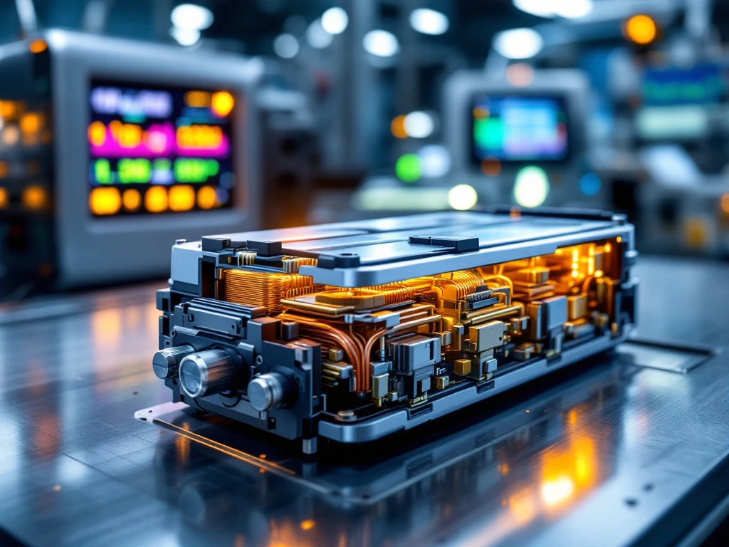 EV battery pack cross-section on laboratory bench with testing instruments, copper conductors, and thermal systems visible