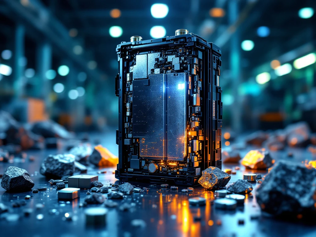Electric vehicle battery pack being disassembled for recycling with extracted lithium, cobalt, and nickel materials displayed
