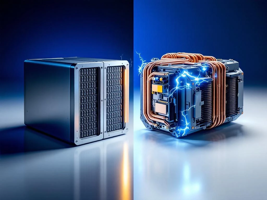 Two EV battery systems side-by-side: standard silver rectangular pack on left, custom modular design with copper cooling on right.