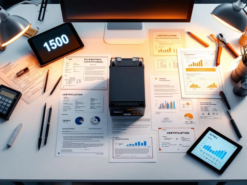 EV battery module on white desk with technical manuals, compliance certificates, and installation diagrams under LED lighting.